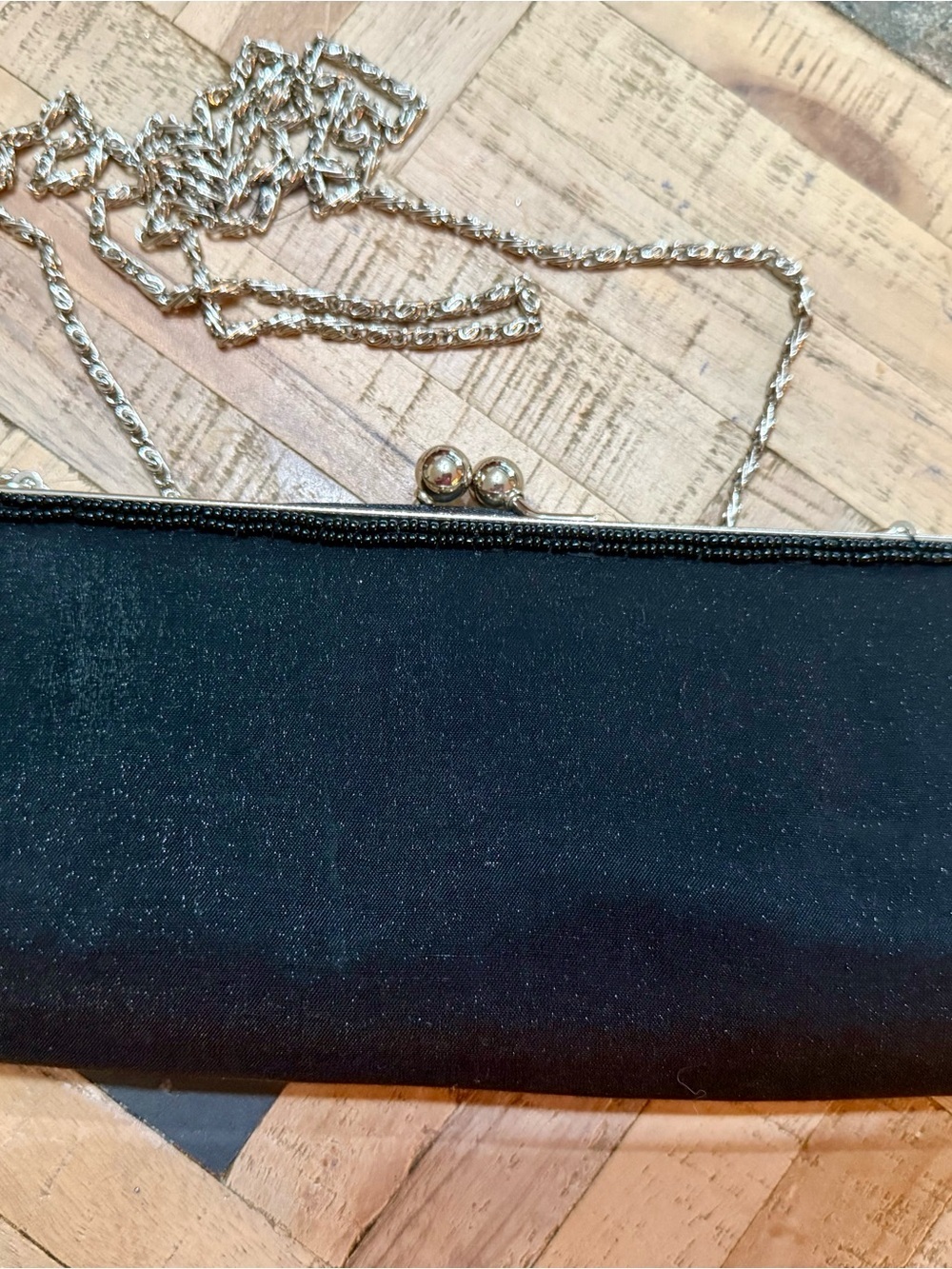 Vintage Style Black Satin Evening Clutch Purse with Silver Beaded Frame & Chain